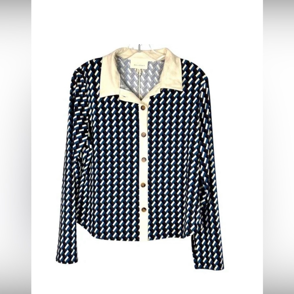 Elegant Navy and Cream Patterned Women's Top - Picture 1 of 4